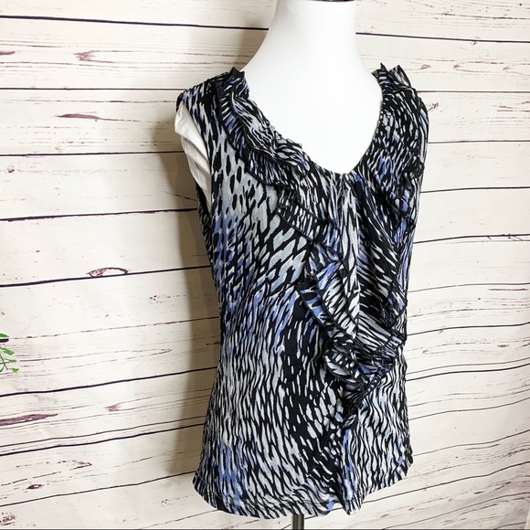 212 Collection Blue & Black Sleeveless Ruffled Blouse Top Size Small - Picture 4 of 7